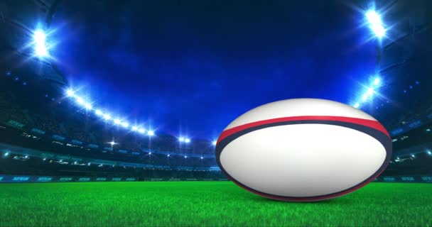 Modernes Rugby Stadion Mit Leuchtenden Lichtern Und Ballbewegungen Auf Dem — Stockvideo