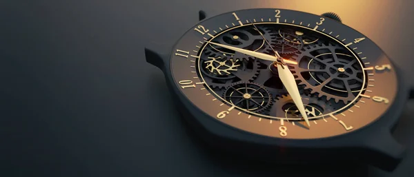 Handgefertigte Mechanische Armbanduhr Aus Nächster Nähe Der Atmosphäre Des Sonnenuntergangs — Stockfoto