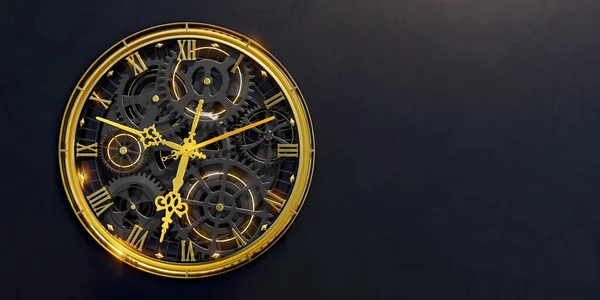 Golden Black Clock Close Front View Dark Background Cog Wheel — стоковое фото