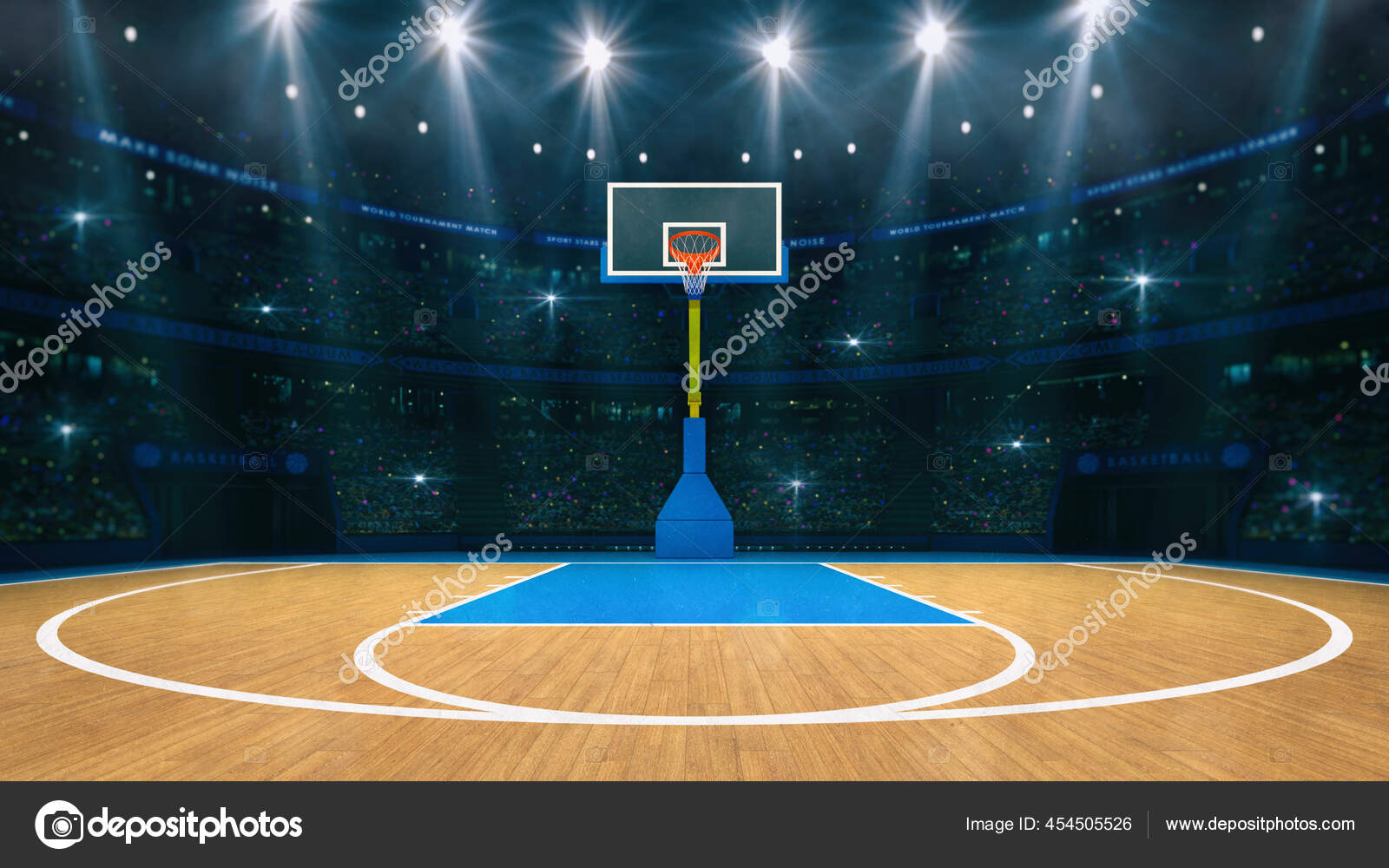 Basketball sport arena. Interior view to wooden floor of basketball court. Basketball  hoop side view. Digital 3D illustration of sport background. Stock  Illustration