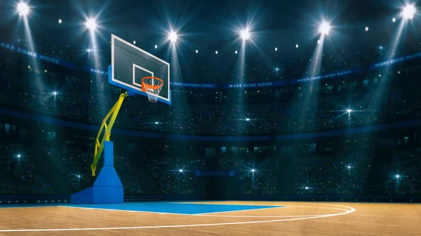 Basketball sport arena. Interior view to wooden floor of basketball court. Basketball hoop on left side. Digital 3D illustration of sport background.