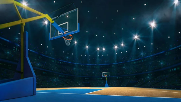 Basketball sport arena. Interior view to wooden floor of basketball court. Basketball hoop from behind. Digital 3D illustration of sport background.