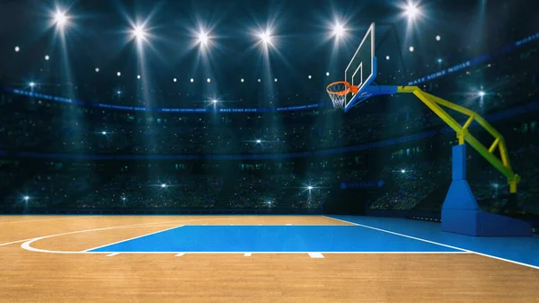 Basketball sport arena. Interior view to wooden floor of basketball court. Basketball hoop side view. Digital 3D illustration of sport background.