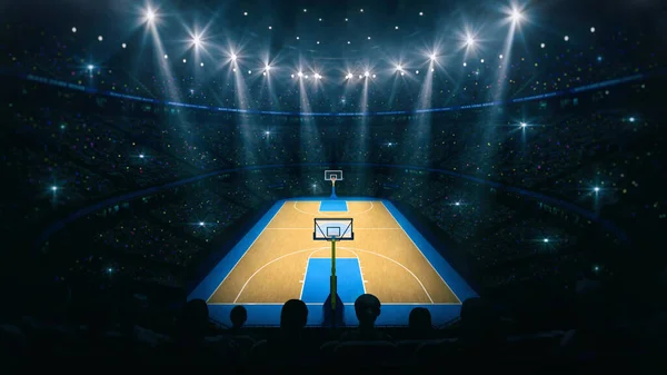 View from the grandstand of the basketball arena. Interior view to wooden floor of basketball court. Digital 3D illustration of sport background.