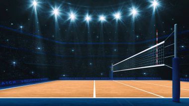 Sport arena interior and professional volleyball court and crowd of fans around. Player's view of the net from side. Digital 3D illustration. clipart