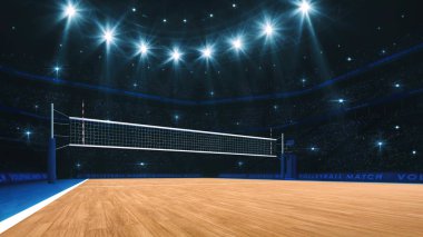 Sport arena interior and professional volleyball court and crowd of fans around. The player's view when serving. Digital 3D illustration. clipart