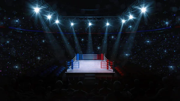Boksz Harci Gyűrű Közönség Kilátás Sport Arénában Rajongók Ragyogó Reflektorok — Stock Fotó