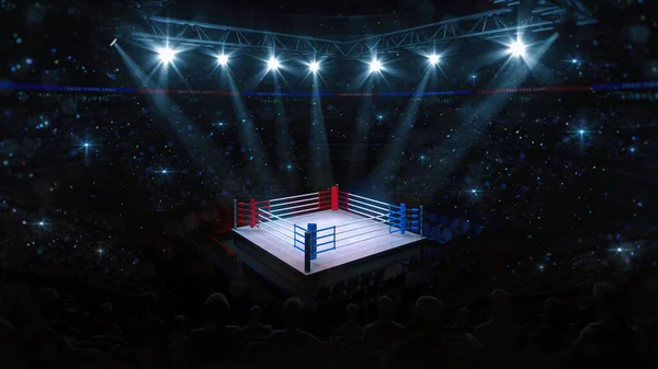 Boxing fight ring. Fans view of sport arena with shining spotlights. Digital sport 3D illustration.