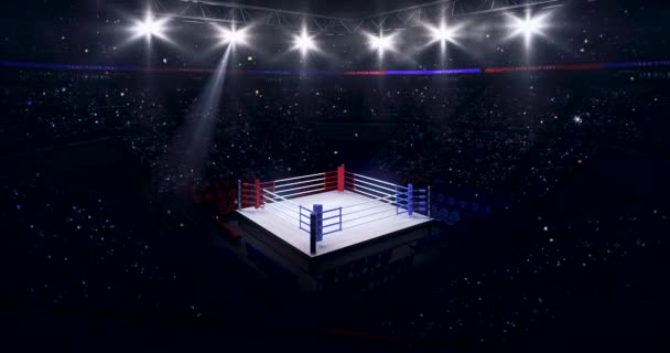 上部からボクシングリング ファンとスポットライト付きスポーツアリーナのアニメーションが点灯します 4Kビデオ背景 — ストック動画