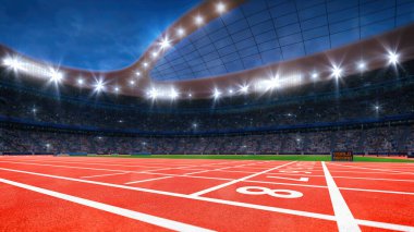 Magnificent athletic sport stadium full of fans, finish line close up. Professional digital 3d illustration of sports. clipart