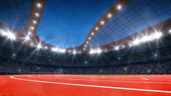 Magnificent athletic sport stadium full of fans and view of empty running track. Professional digital 3d illustration of sports.