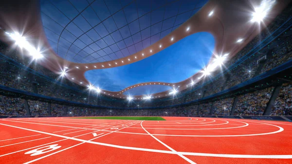 ファンでいっぱいの壮大なアスレチックスポーツスタジアム フィニッシュラインの上に表示されます スポーツのプロのデジタル3Dイラスト — ストック写真
