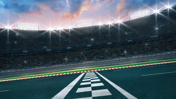 Asphalt Racing Track Finish Line Side View Cheering Fans Illuminated — Stock Photo, Image