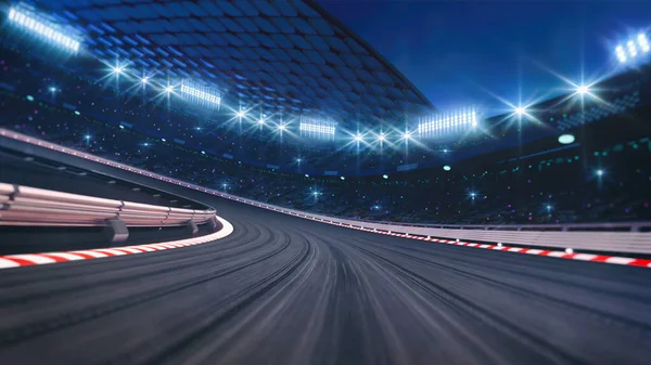 弧形沥青路面跑道和夜间照明的赛车场 赛车运动的专业数码3D图解 — 图库照片
