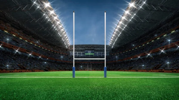 Rugby professional stadium with goal post, grassy playground and fan crowd on background. Goal view. Digital 3D illustration for sport advertisement.
