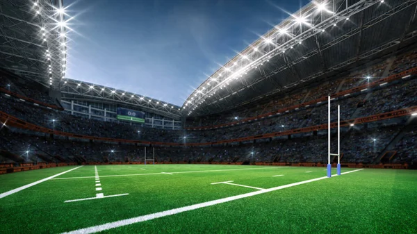 ゴールポスト 芝生の遊び場 ファンの群衆を背景にしたラグビーのプロスタジアム フィールドの隅から表示します スポーツ広告のためのデジタル3Dイラスト — ストック写真
