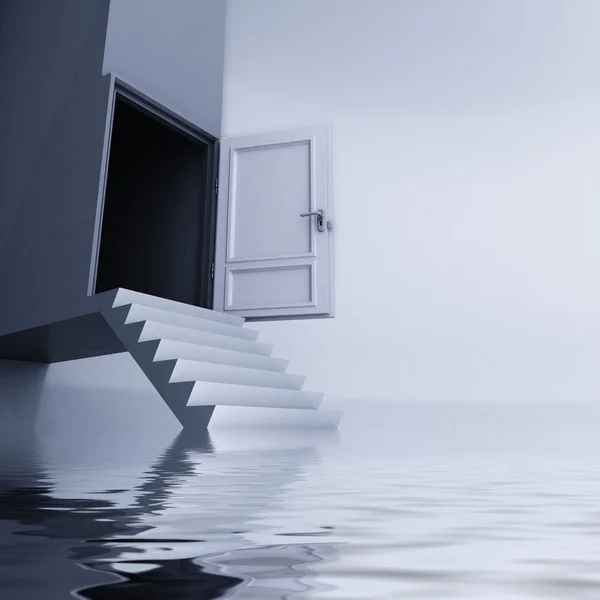 Water level and escape stairs to open door concept — Stock Photo, Image