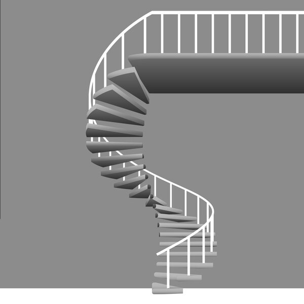 isolated circular staircase with white handrail on grey