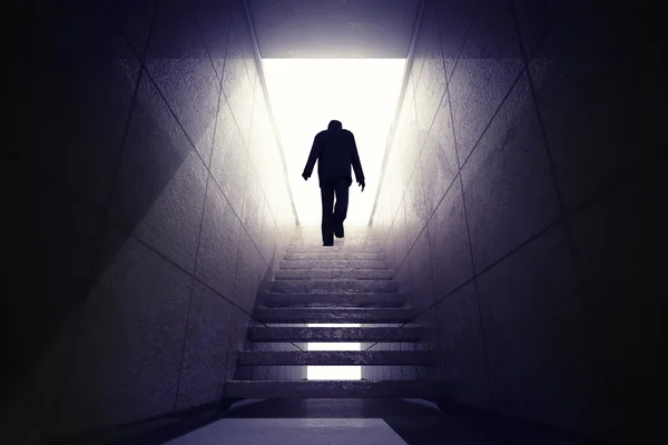 Man climbing up the stairs to reach opportunity — Stock Photo, Image