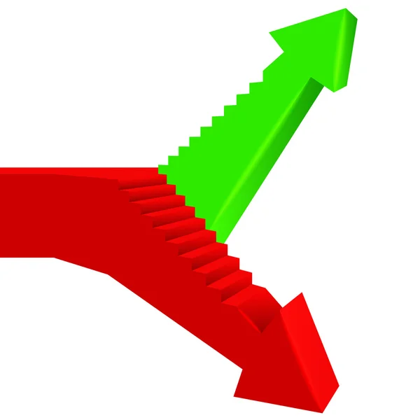 Direction de la flèche rouge verte avec escalier sur le côté — Image vectorielle