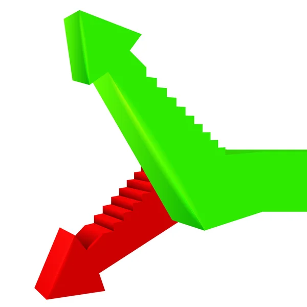 Conception de direction de flèche verte rouge avec escalier sur le côté — Image vectorielle