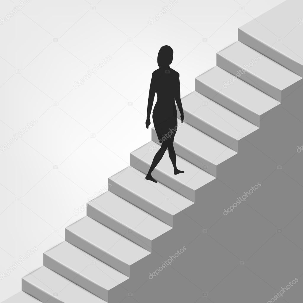 woman walking up on diagonal staircase