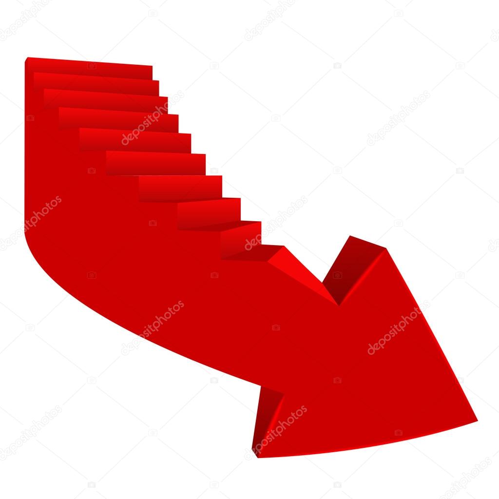 red bended arrow down direction with staircase on side