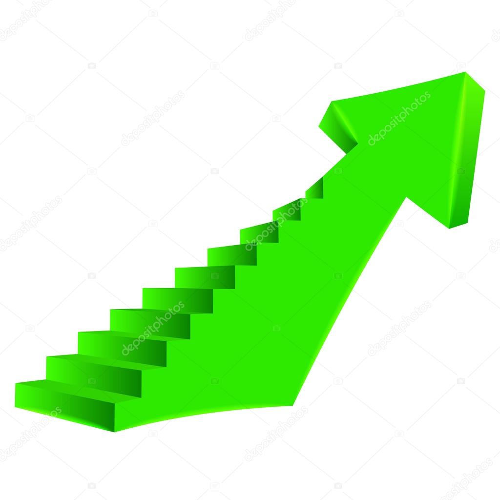 green bended arrow up direction with staircase on side