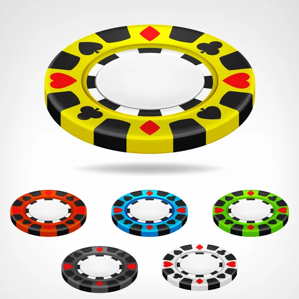 Póker zseton izometrikus szín beállítása 3d objektumot elszigetelt — Stock Vector