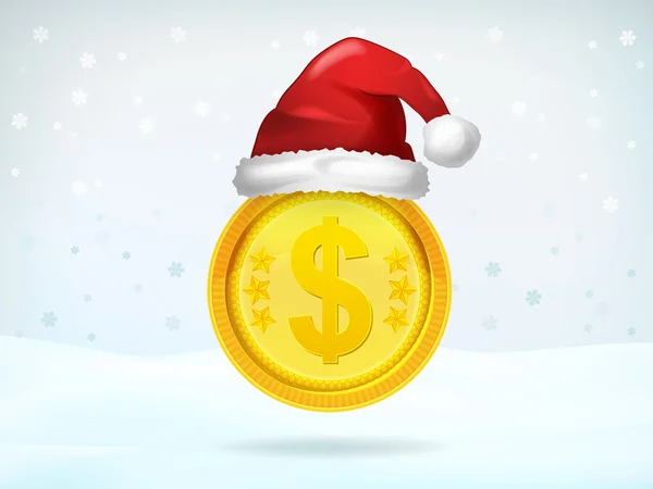 Golden Dollar coin covered with Santa cap — Stock Vector