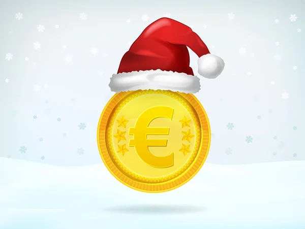 Golden Euro coin covered with Santa cap — Stock Vector