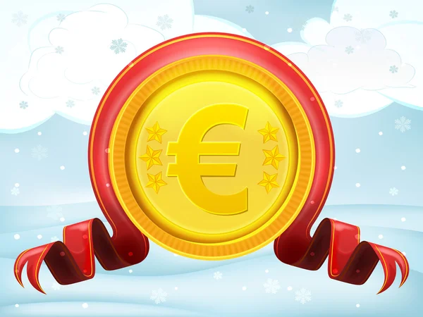 Moneda de oro euro con arco de Navidad en el paisaje de invierno vector — Vector de stock