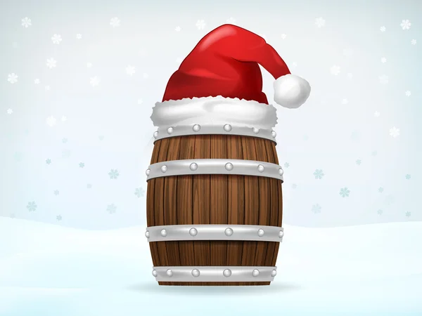 Keg of beverage covered with Santa cap — Stock Vector