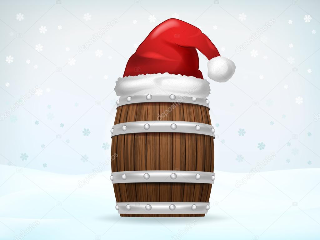 keg of beverage covered with Santa cap 