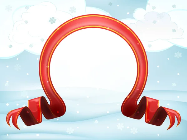 Red christmas bow at winter scenery at snowfall — Stock Vector