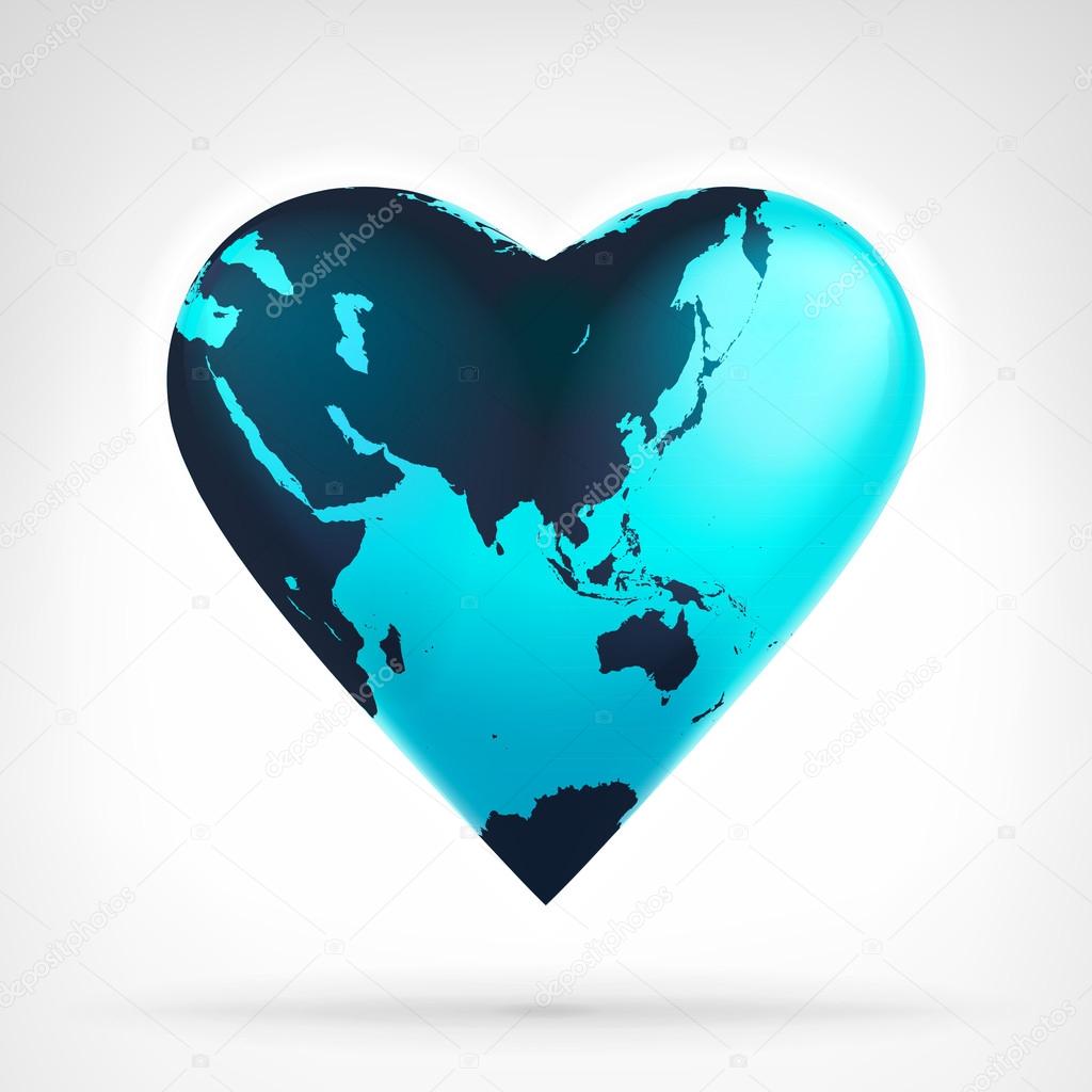 Asia earth globe shaped as heart