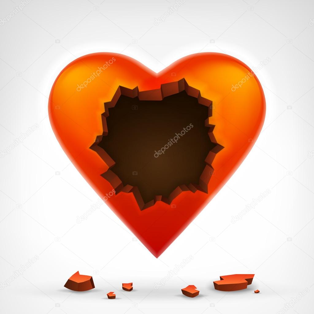 Red heart with cracked hole