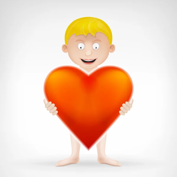 Pojken håller hans stort rött hjärta — Stock vektor