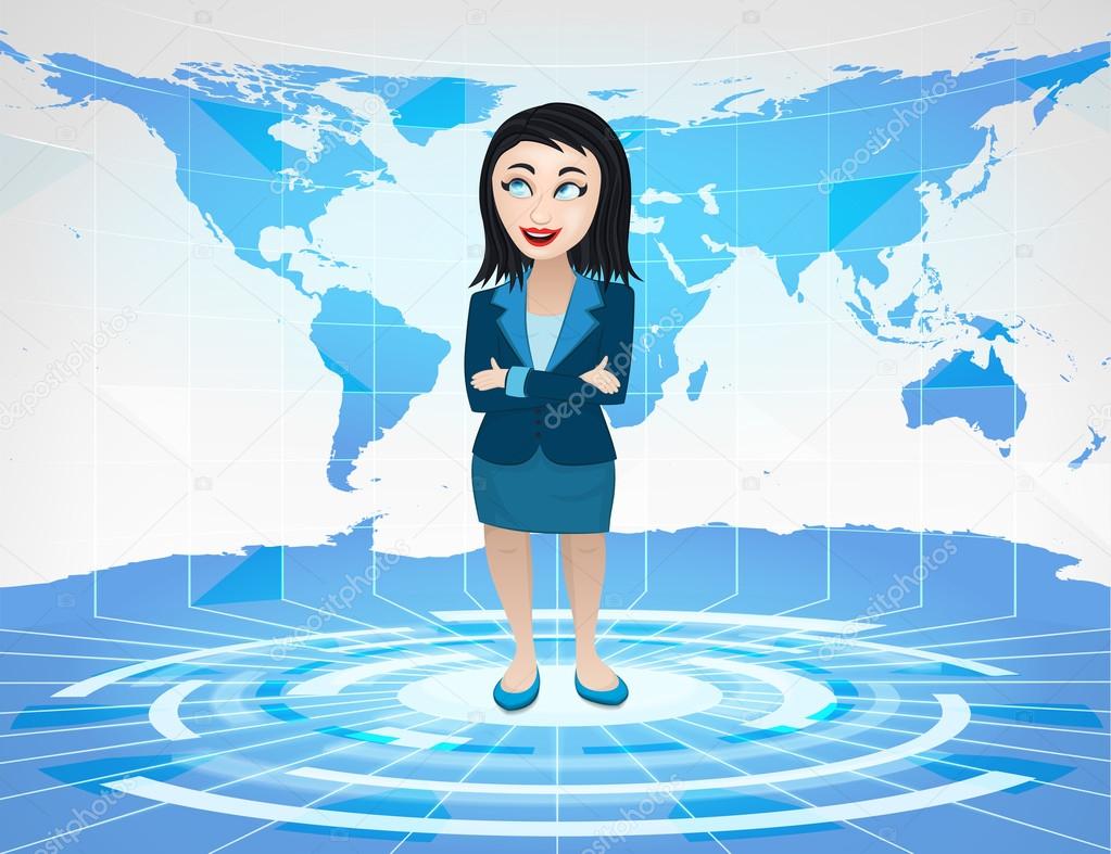 Woman standing in blue virtual studio