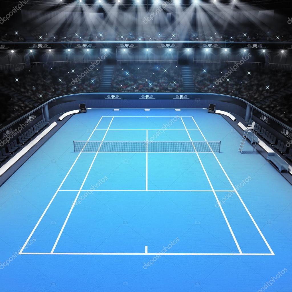 Blue hard surface tennis court and stadium full of ...