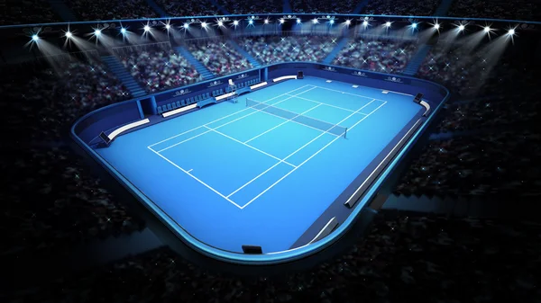 Blauwe tennisbaan en stadion vol met toeschouwers van bovenste weergave — Stockfoto