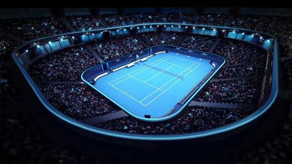 Illuminated tennis stadium with blue court — Stock Photo, Image