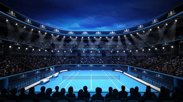 Tennisstadion met nachtelijke hemel en toeschouwers — Stockfoto