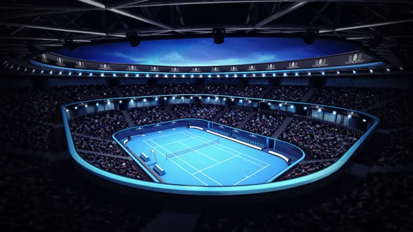 Kivilágított Tenisz Stadion, a Bíróság és az esti égen — Stock Fotó
