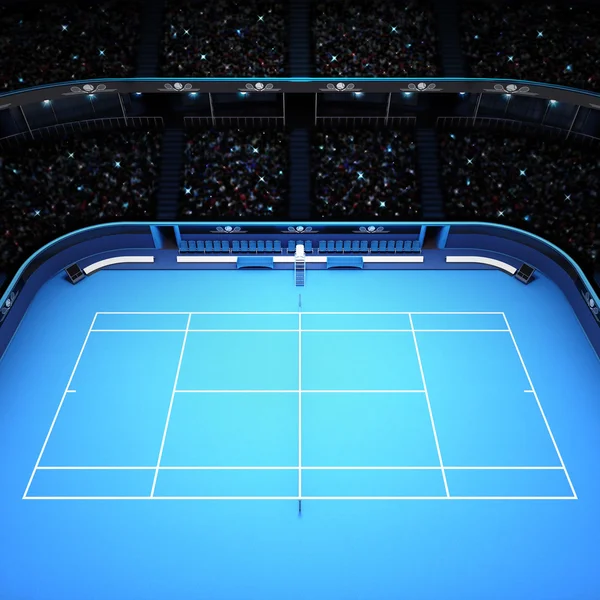 Blauer Hartplatz Tennisplatz und Stadion voller Zuschauer Seitenansicht — Stockfoto