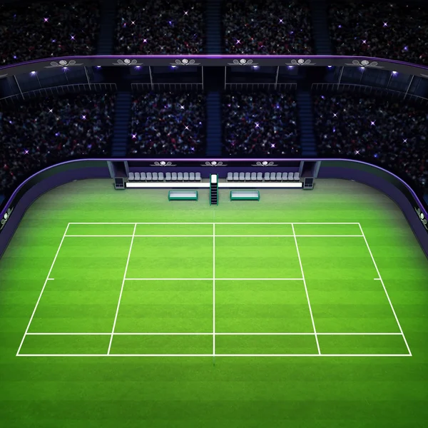 Rasen-Tennisplatz und Stadion voller Zuschauer Seitenblick — Stockfoto