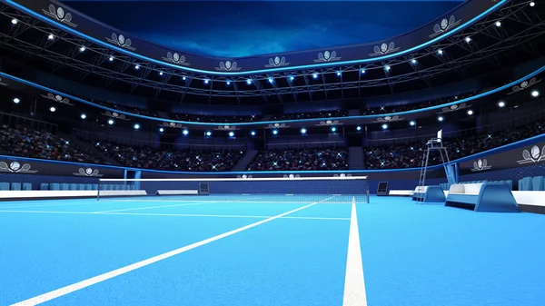 Blauwe Tennisbaan vanuit het perspectief van de speler — Stockfoto