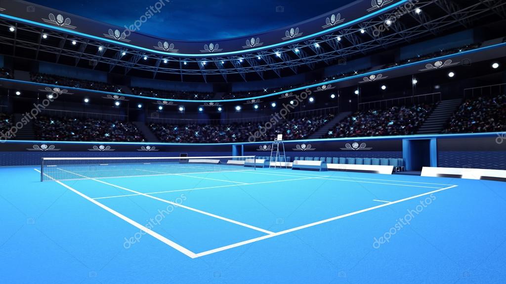 Whole tennis court from the perspective of the player Stock Photo by