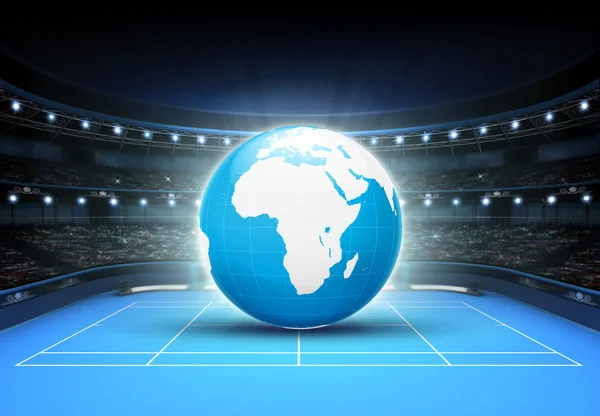 Blue world map placed on a blue court set on Africa and Europe — Stock Photo, Image