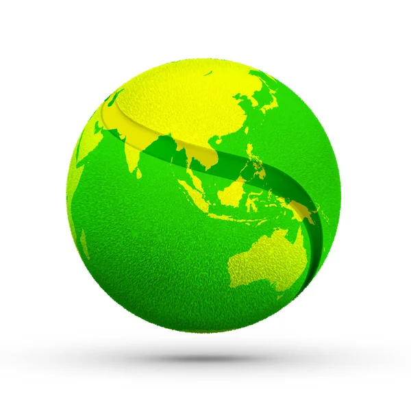Gele Asia wereld kaart textuur op groene tennisbal — Stockfoto